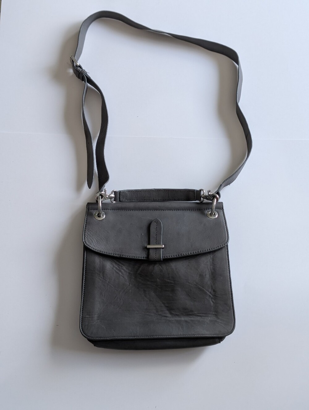 DANIER Charcoal Grey Leather Crossbody Flap Bag Top Handle Satchel